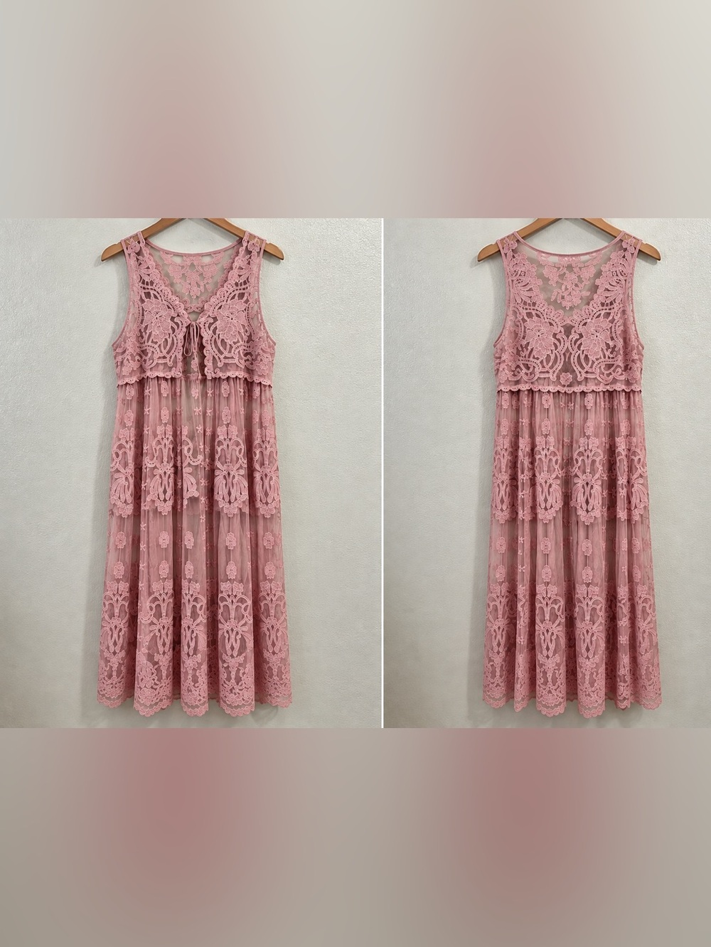 Romantic Feminine Sweet Closet Pink Lace Tie Front Longline Duster Vest Large
